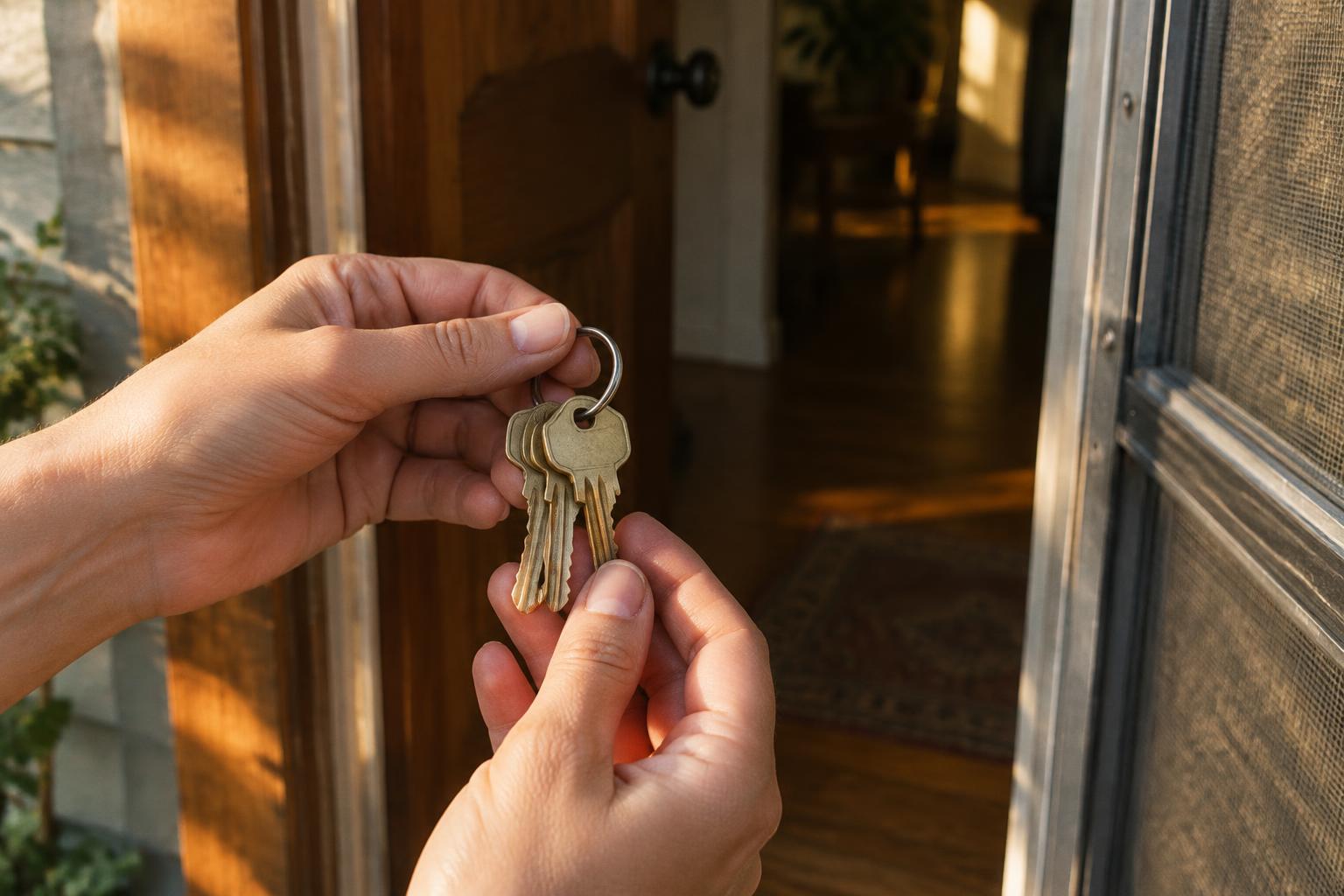 A hand holding a set of brass house keys in front of an open front door